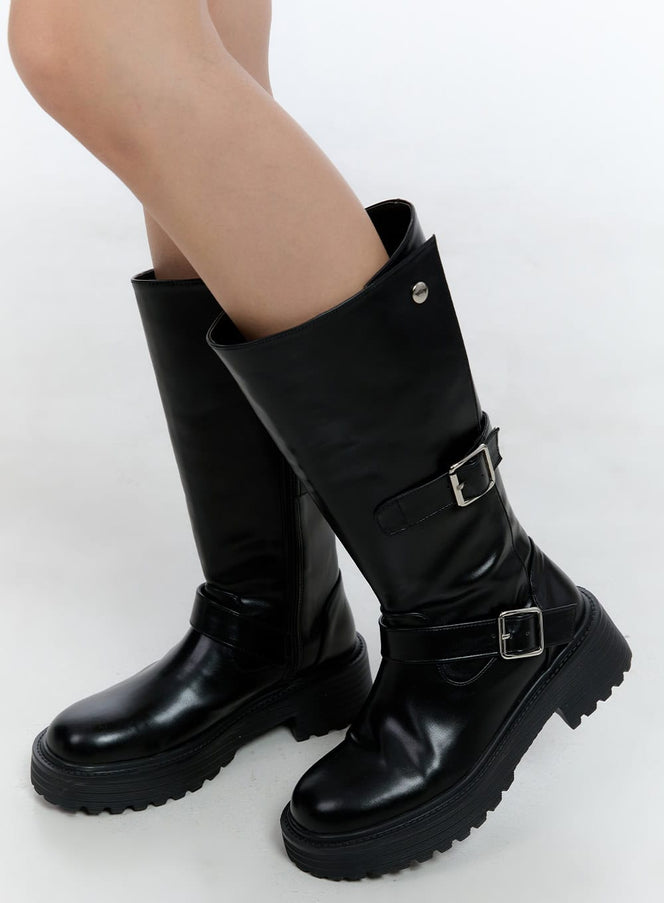 buckle-detail-mid-calf-chunky-ankle-boots-cn421 / Black