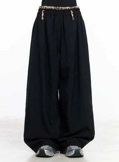 graphic-trim-wide-leg-pants-iy511 / Black