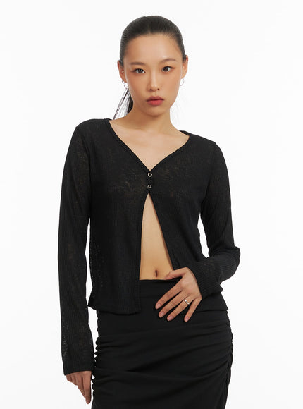 sheer-open-slit-v-neck-cardigan-ia417 / Black