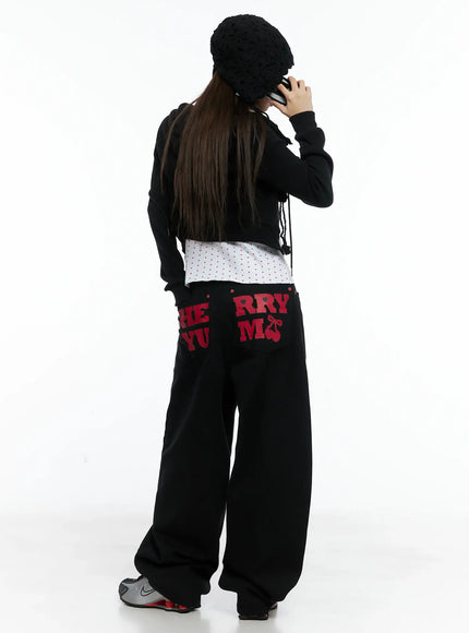 cherry-back-print-wide-leg-cotton-pants-cs505 / Black