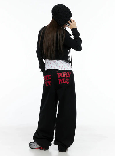 cherry-back-print-wide-leg-cotton-pants-cs505 / Black