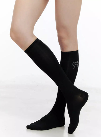 rhinestone-heart-knee-high-socks-il531 / Black