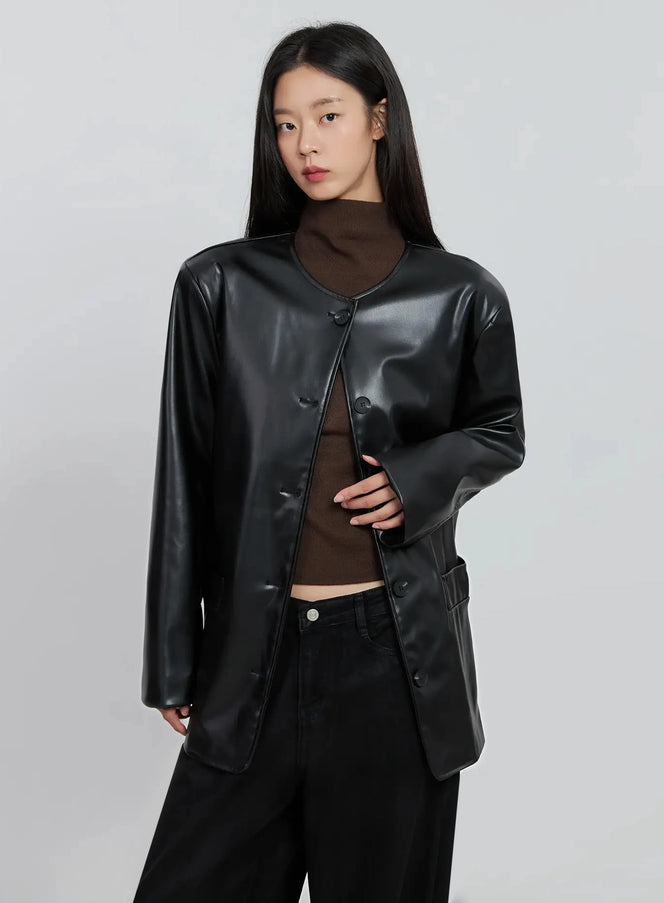 black-faux-leather-jacket-io530 / Black