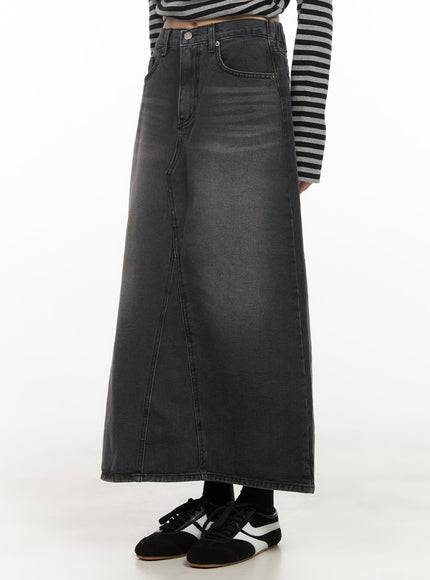 washed-denim-back-slit-maxi-skirt-cd430 / Black