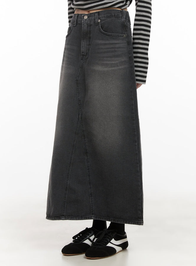 washed-denim-back-slit-maxi-skirt-cd430 / Black