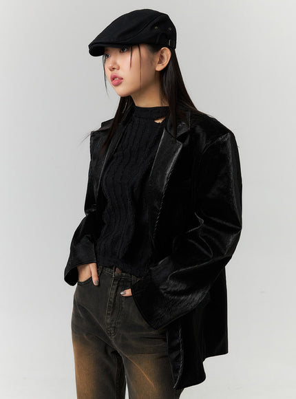 oversized-faux-leather-tailored-jacket-cn324 / Black