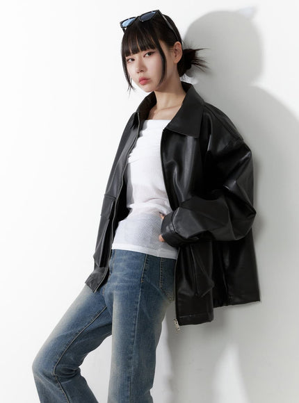 oversized-zip-up-leather-pocket-jacket-oo401 / Black