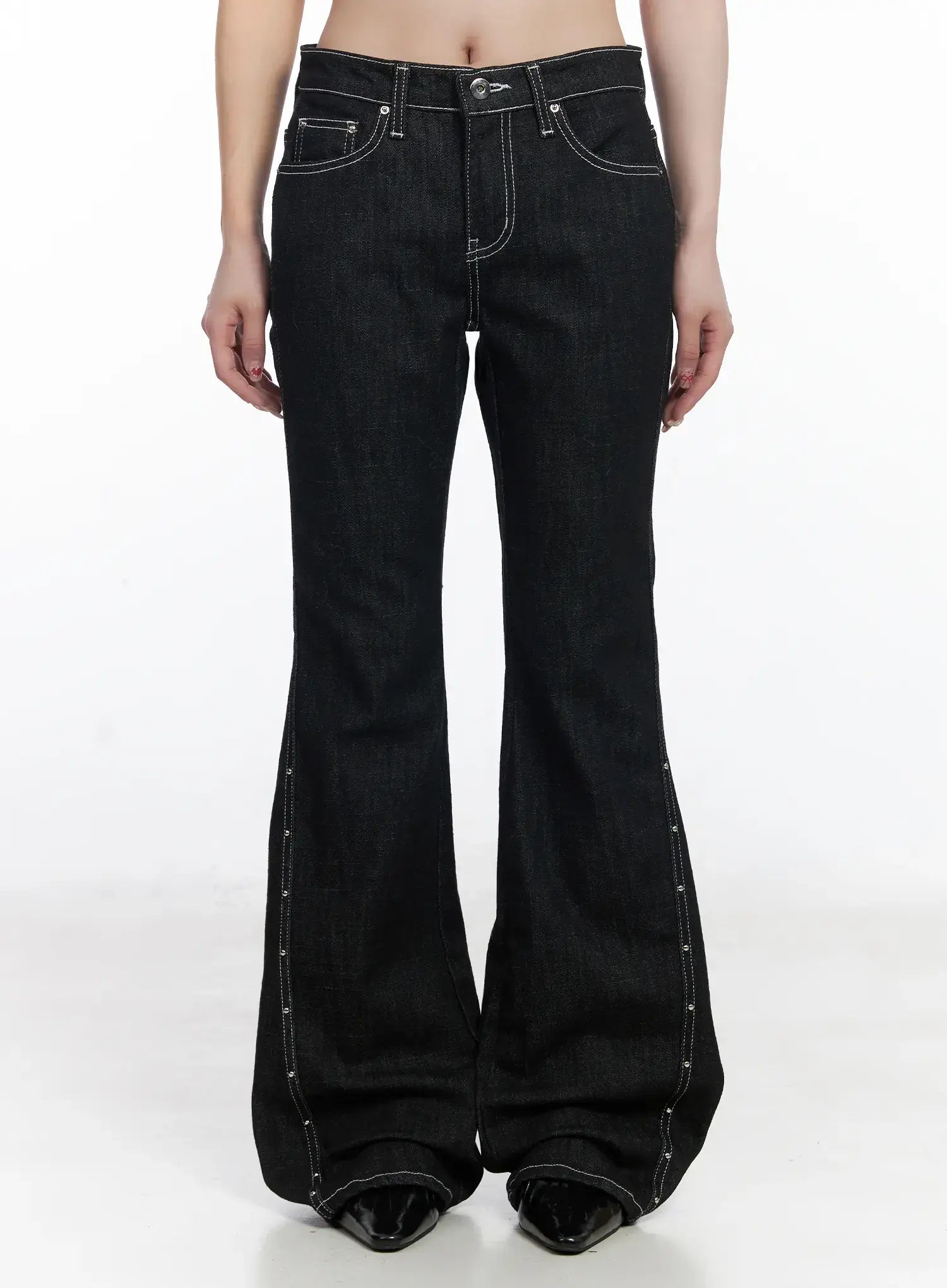 LEWKIN Dahy Stylish High-Waisted Bootcut Jeans CJ526 in black, front view on model, slim-fit cotton-spandex denim with contrast white stitching and side stud trim, bootcut flare hem.