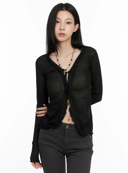 sheer-ruffle-long-sleeve-cardigan-cg522 / Black