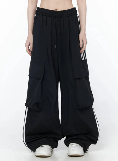wide-leg-striped-nylon-cargo-pants-iu512 / Black