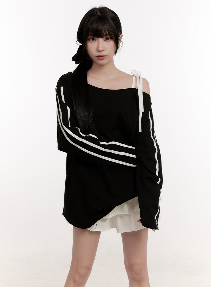 ribbon-one-shoulder-long-sleeve-top-cj529 / Black