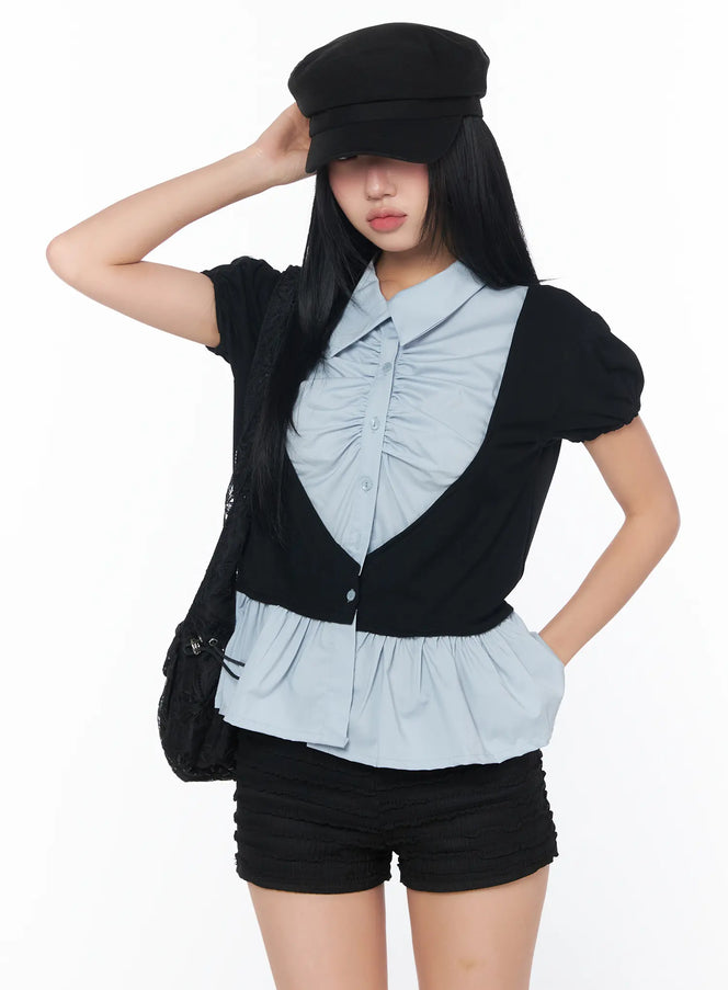 puff-frill-short-sleeve-blouse-cy513 / Black