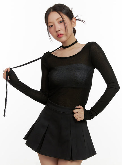 sheer-u-neck-top-with-scarf-ou403 / Black