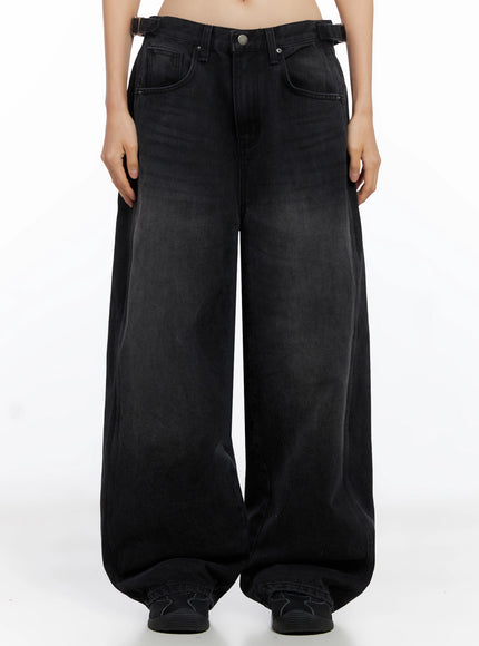 goffel-side-belt-washed-wide-denim-pants-co517 / Black