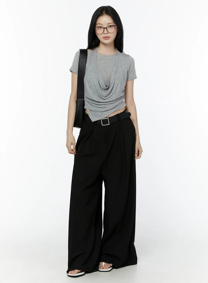 LEWKIN Basic Wide-Leg Slacks IU503 in black, full-length front on model, pintuck wide-leg polyester trousers with belt, styled with grey draped tee and black shoulder bag.