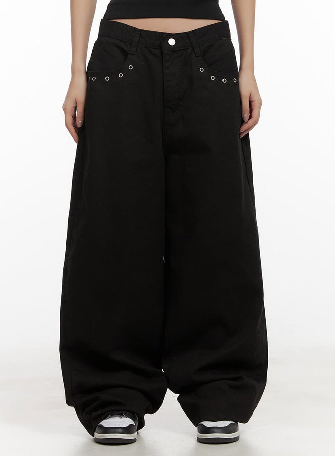 cotton-eyelet-detail-wide-leg-pants-cd416 / Black