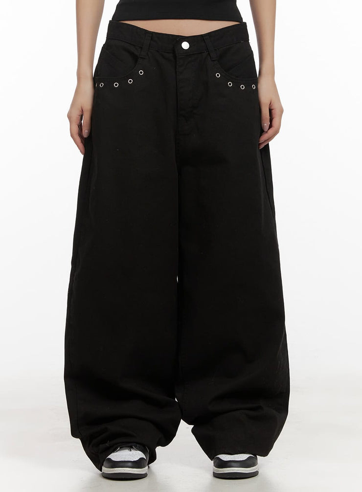 cotton-eyelet-detail-wide-leg-pants-cd416 / Black