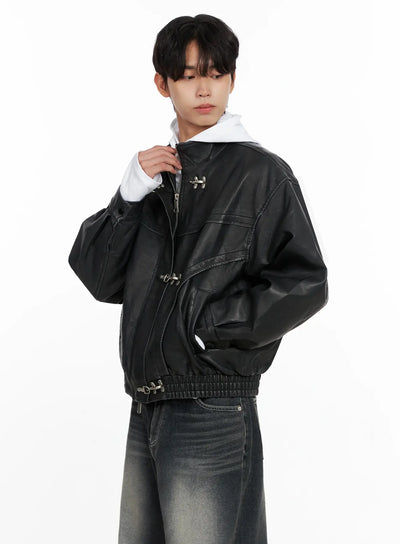 mens-faux-leather-toggle-buckle-jacket-io517 / Black