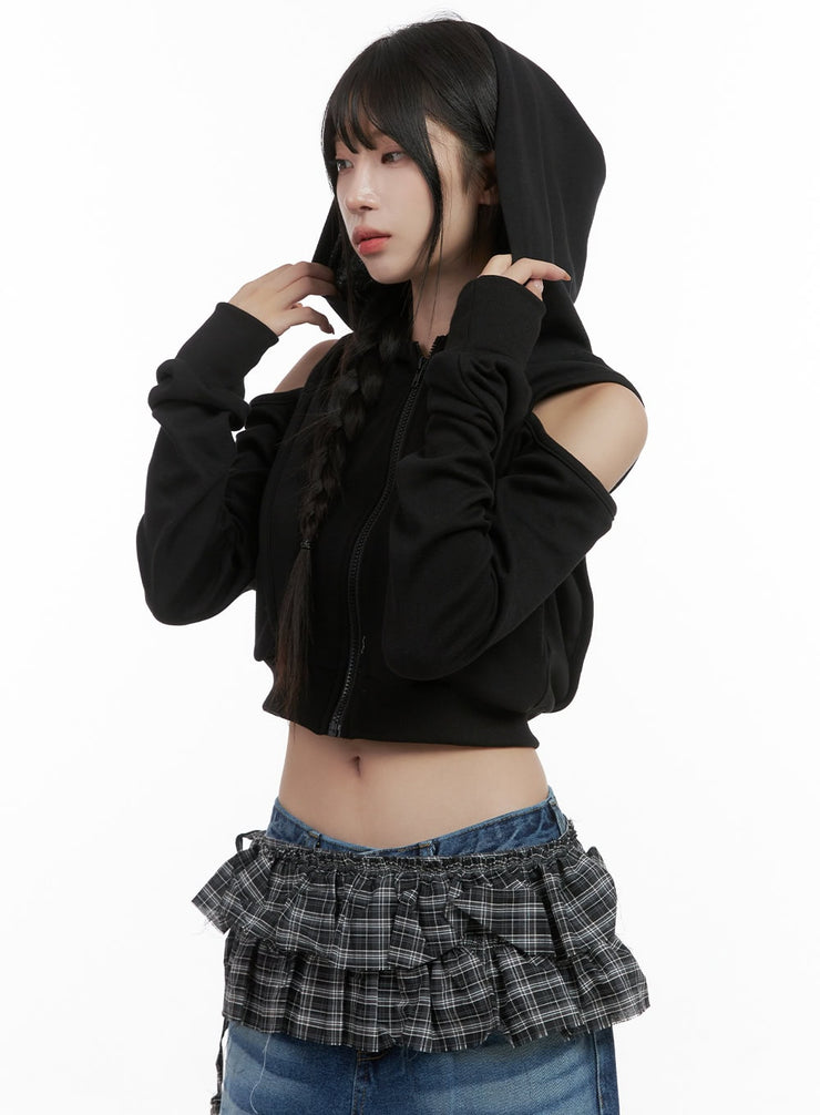 zip-up-cut-out-crop-hoodie-cs419 / Black