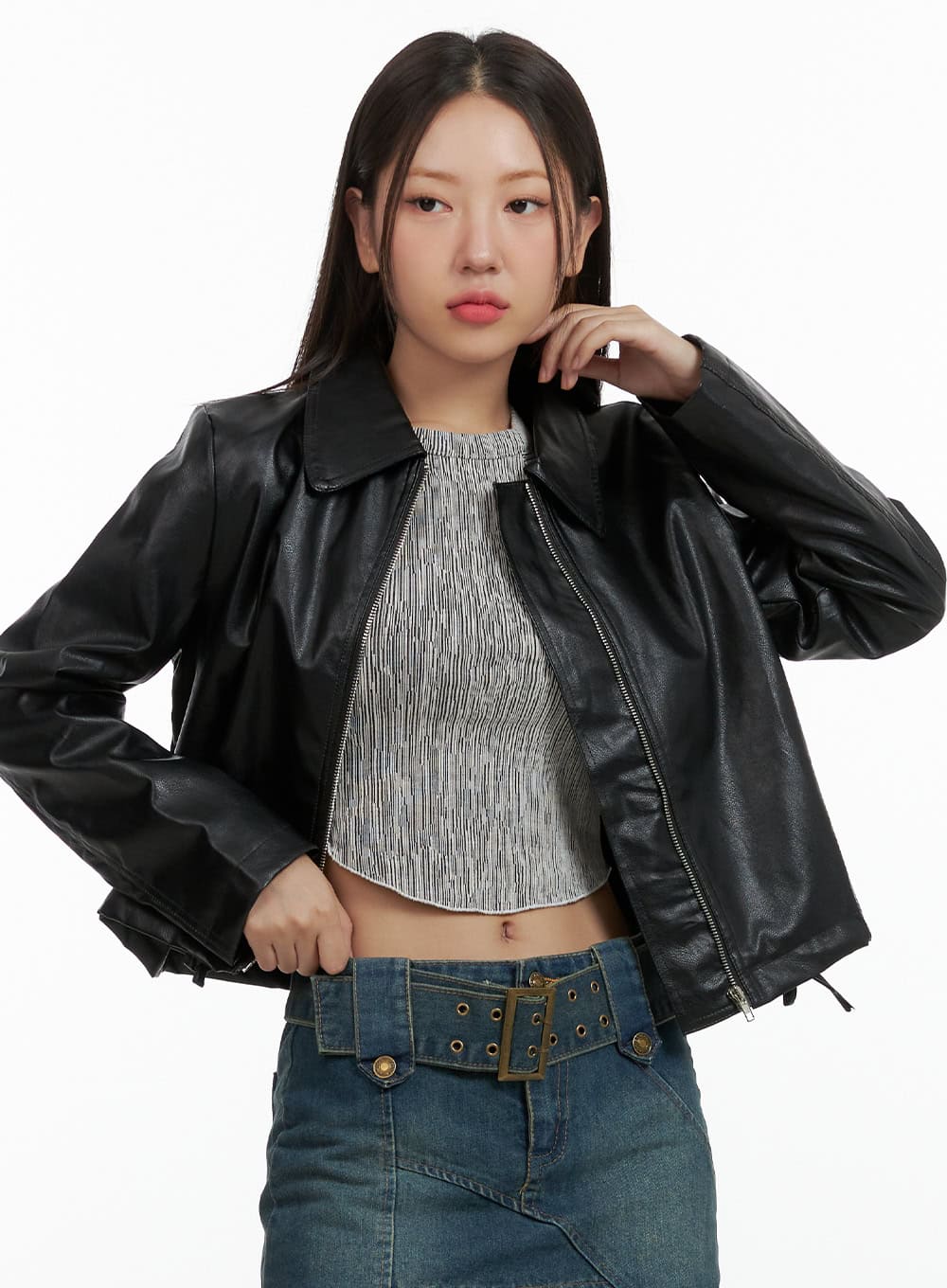 collar-zip-up-faux-leather-jacket-ol408 / Black