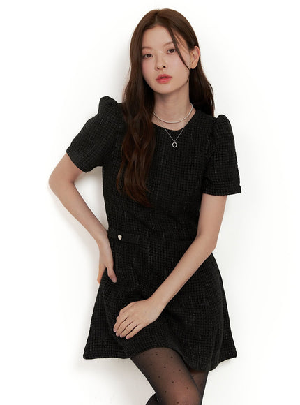 puff-sleeve-solid-mini-dress-od403 / Black