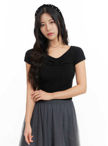 ribbed-shirred-short-sleeve-top-om427 / Black