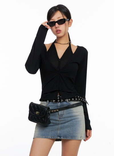 layered-halter-cardigan-ig527 / Black