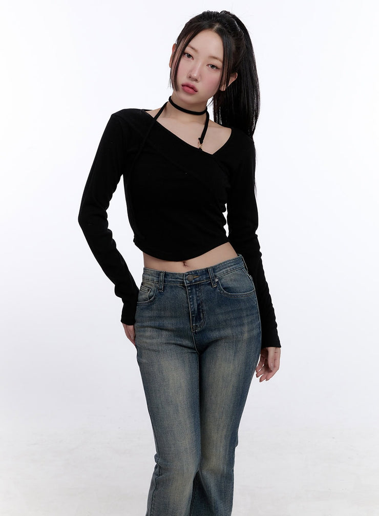 strappy-long-sleeve-halter-crop-top-cj513 / Black