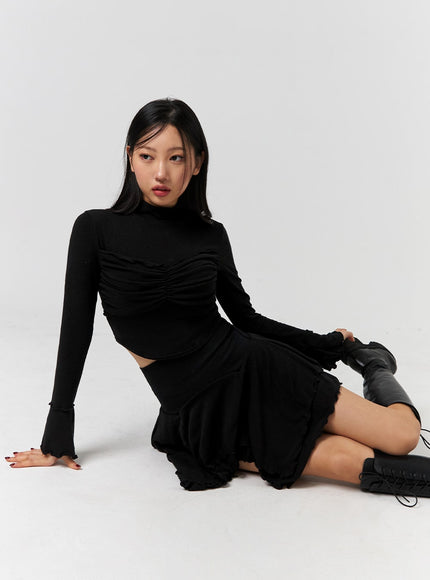 turtleneck-rib-knit-long-sleeve-crop-top-cd328 / Black