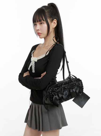 ribbon-bliss-leather-shoulder-bag-oo401 / Black