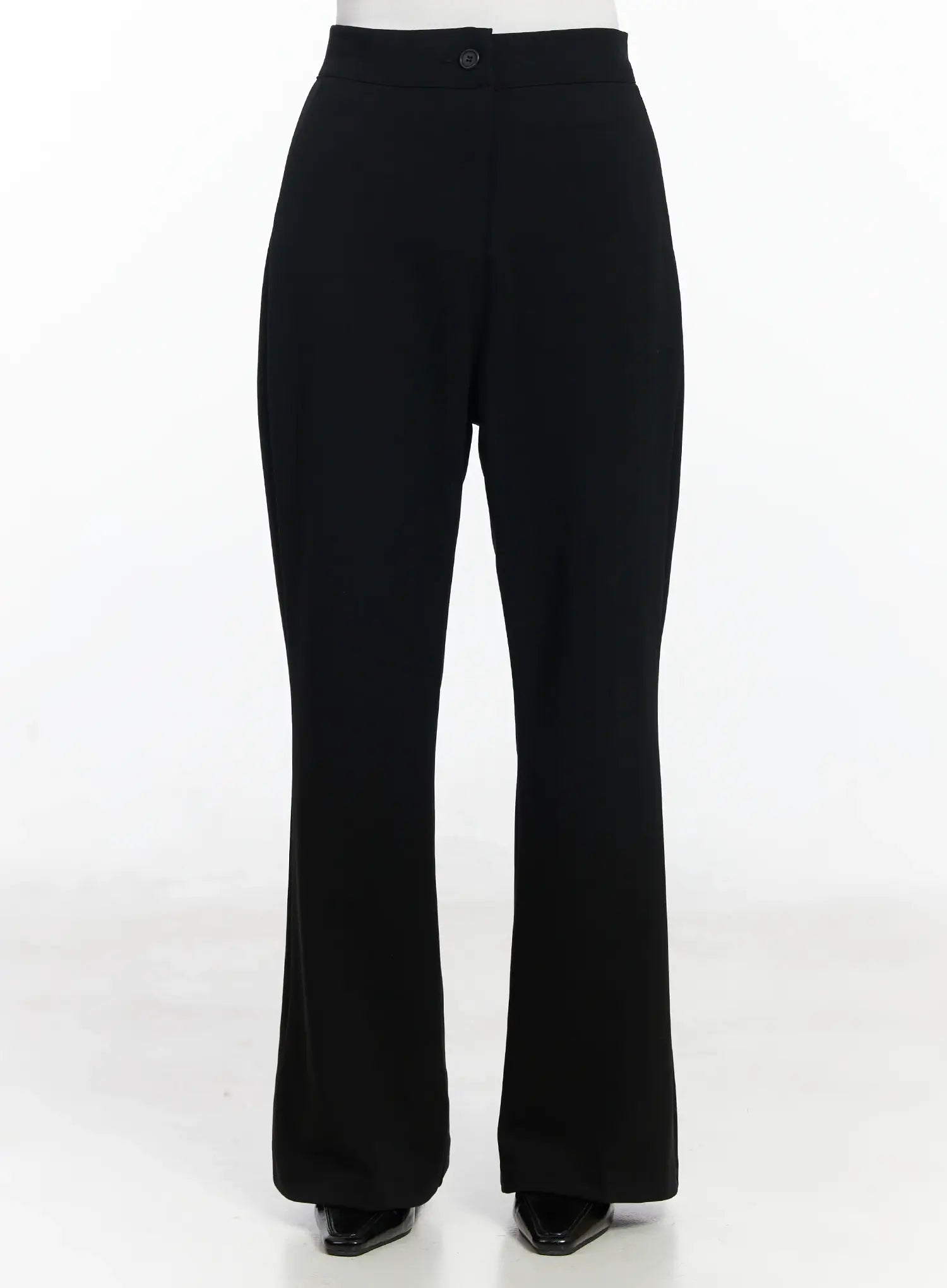 LEWKIN Hip Pad Slacks IJ529 in black (2XL), front product shot, slim-fit bootcut silhouette, high waist with single button closure, long length, polyester-rayon blend.