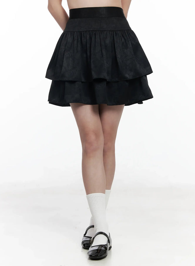 layered-satin-ruffle-skirt-if520 / Black