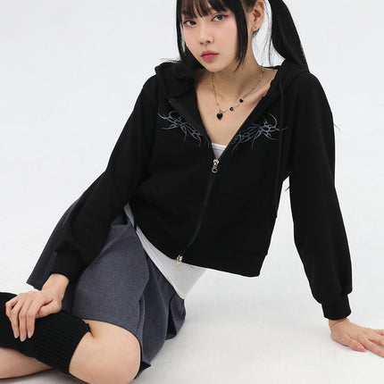 zip-up-graphic-crop-hoodie-in314 / Black
