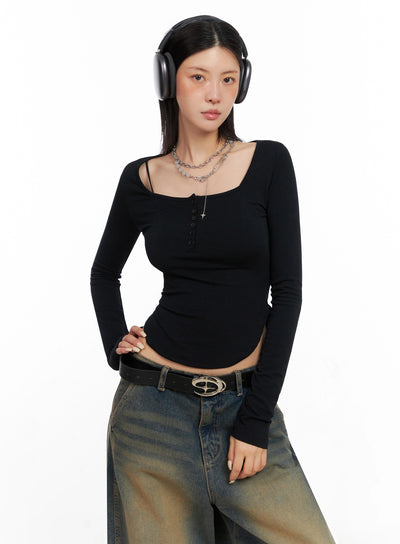 long-sleeve-square-neck-top-is508 / Black