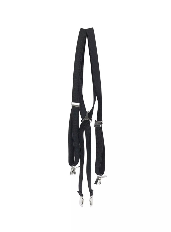 LEWKIN Men's Classic Black Suspenders IL516 in black, flat product shot showing full Y-back elastic strap design with silver metal clips on white background.