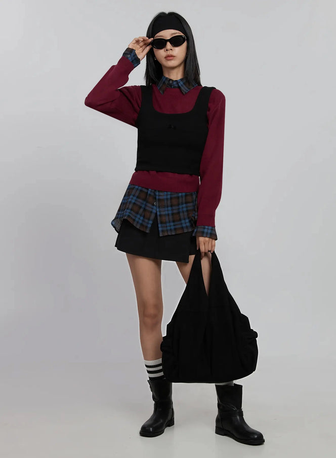 ribbon-detail-layered-sleeveless-top-id504 / Black