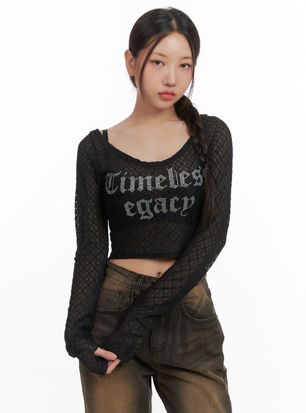 lettering-mesh-crop-long-sleeve-tee-co404 / Black