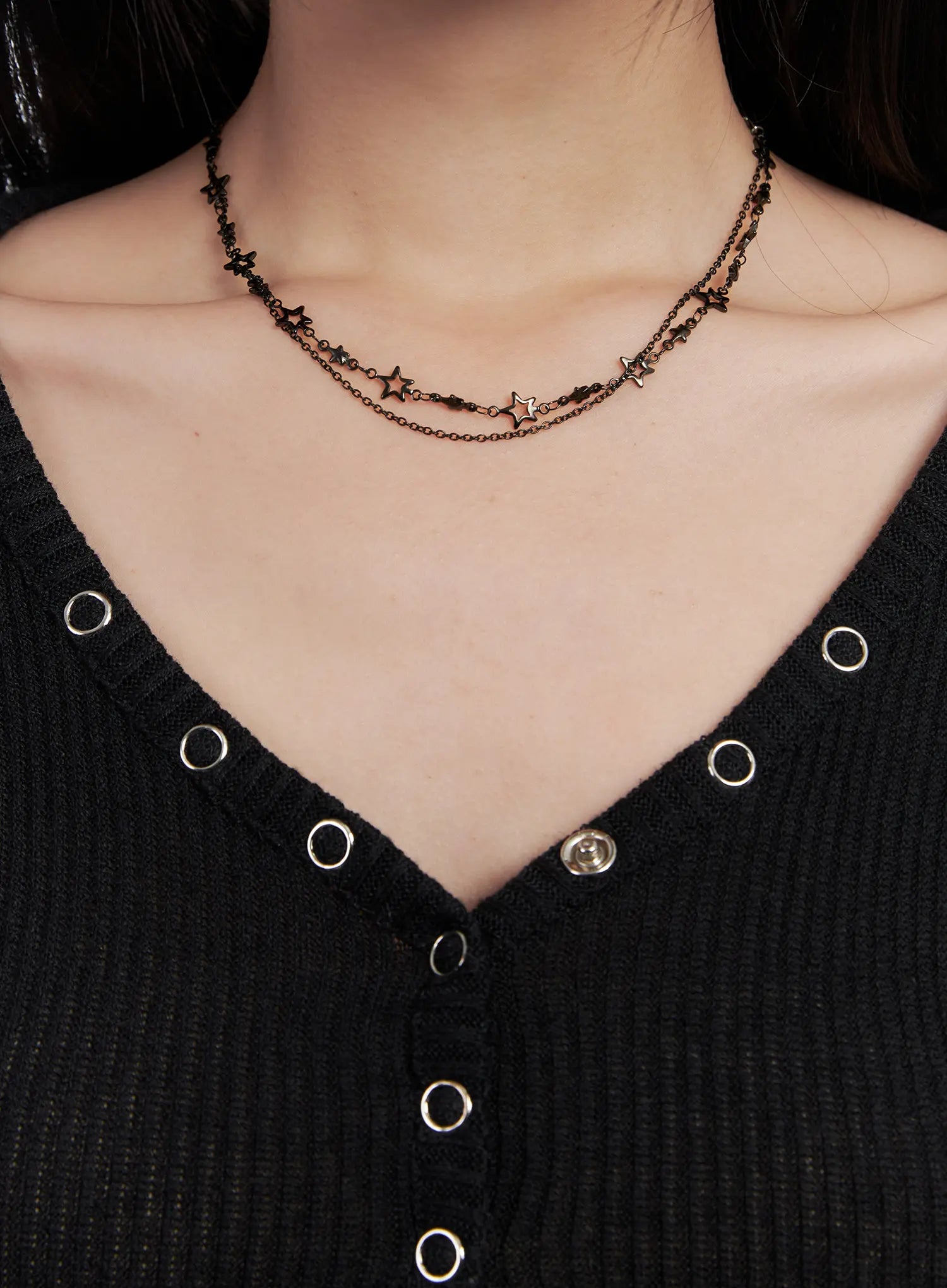star-layered-necklace-cd501 / Black