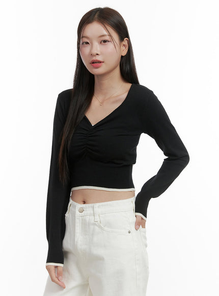 slim-fit-v-neck-crop-knit-top-oo416 / Black