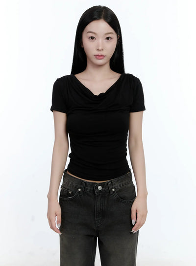 shirred-draped-short-sleeve-top-cl530 / Black