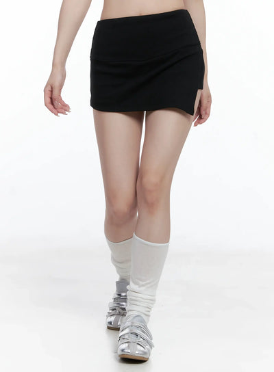 asymmetric-slit-ribbed-mini-skirt-cs501 / Black