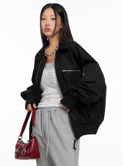 oversized-zipper-bomber-jacket-ig528 / Black