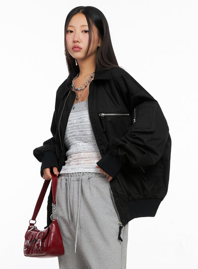 oversized-zipper-bomber-jacket-ig528 / Black