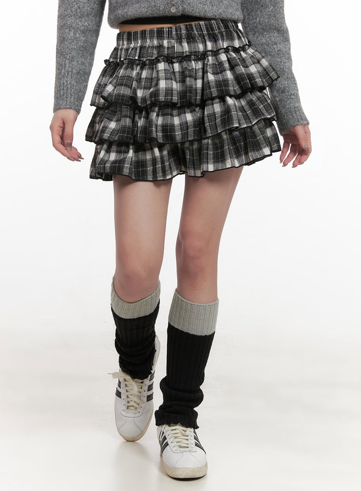 layered-ruffle-checkered-mini-skirt-cj517 / Black