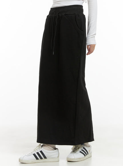 solid-sweat-string-maxi-skirt-cg426 / Black