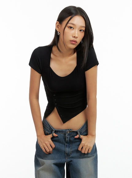 asymmetrical-buttoned-square-neck-crop-top-ig405 / Black