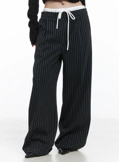 layered-pinstripe-wide-leg-pants-cj506 / Black