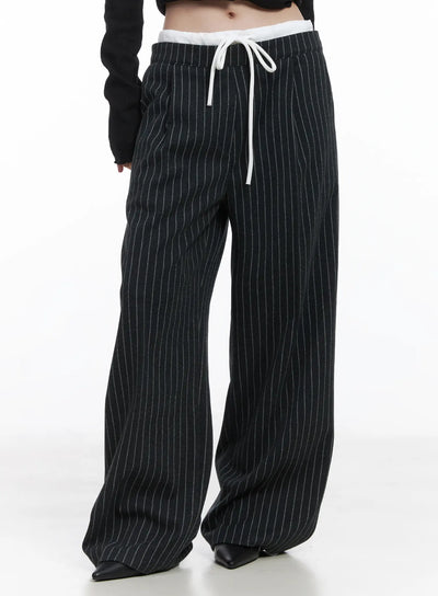 layered-pinstripe-wide-leg-pants-cj506 / Black