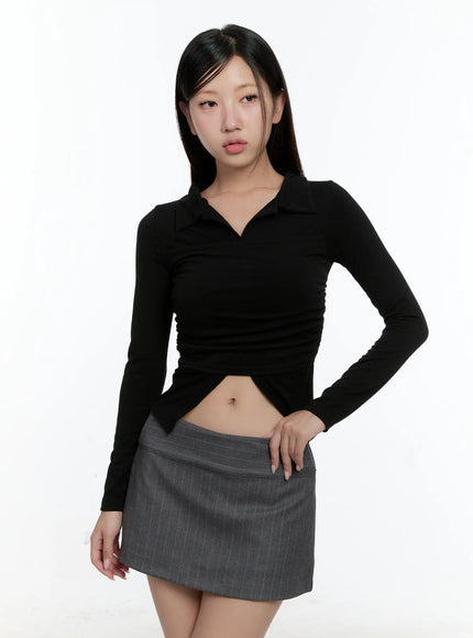 layered-collar-shirred-long-sleeve-top-cs518 / Black