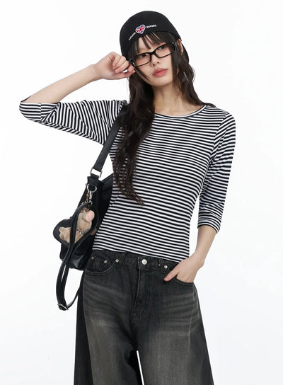 striped-3-4-sleeve-top-if505 / Black